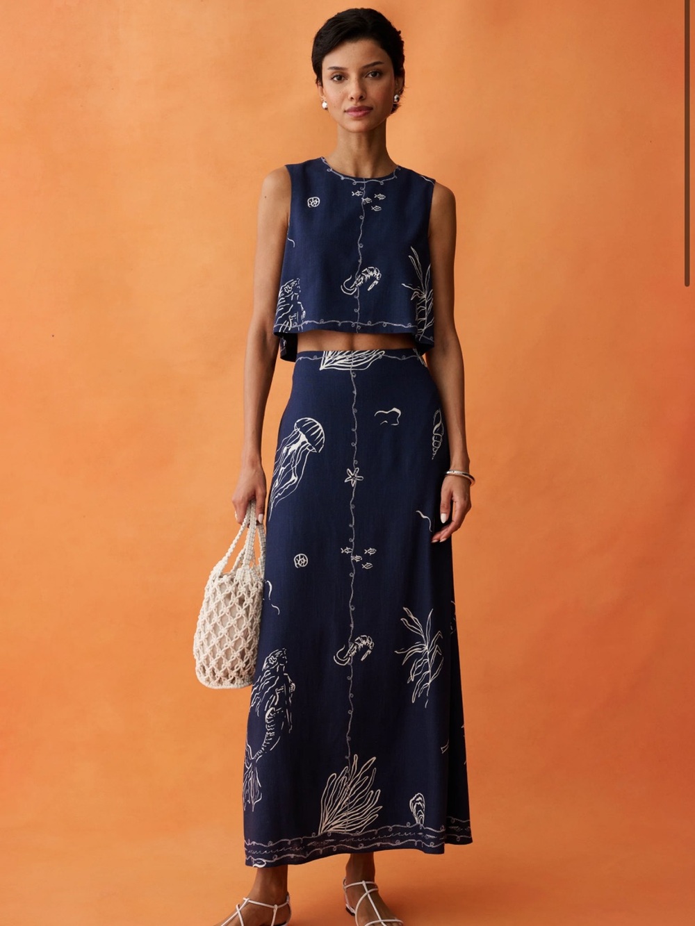 NWT Few Moda Sari Top and Bottom Set in hand drawn blue and white pattern. (K)